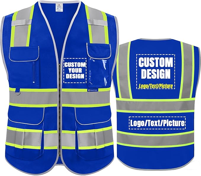 BeautyWill Custom Logo Safety Vest 8 Pockets Class2 ANSI Certified High Visibility Reflective Vest for Men - Personalized Logo Heavy-Duty Work Vest（Blue，S）