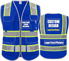 BeautyWill Custom Logo Safety Vest 8 Pockets Class2 ANSI Certified High Visibility Reflective Vest for Men - Personalized Logo Heavy-Duty Work Vest（Blue，4XL）