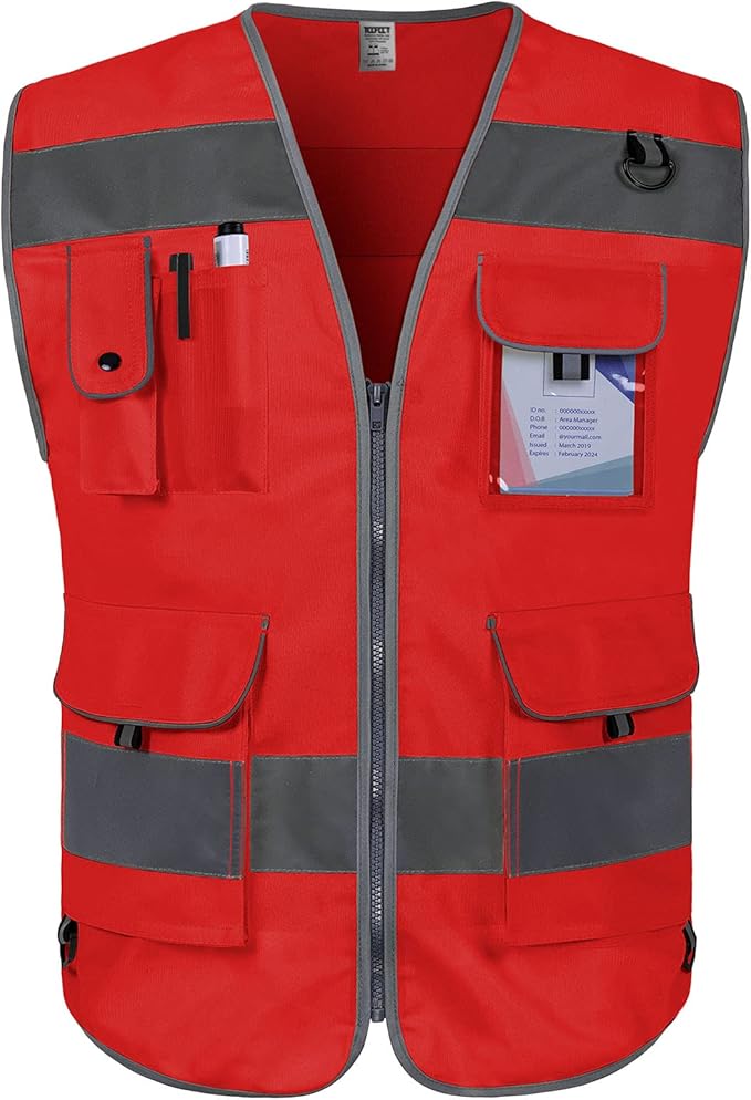 TCCFCCT Hi Vis Vest 9 Pockets High Visibility Reflective Safety Vest for Men Women, Safety Construction Vest with Reflective Strips, Meets ANSI/ISEA Standards, (Red, Medium)