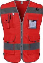 TCCFCCT Hi Vis Vest 9 Pockets High Visibility Reflective Safety Vest for Men Women, Safety Construction Vest with Reflective Strips, Meets ANSI/ISEA Standards, (Red, Medium)