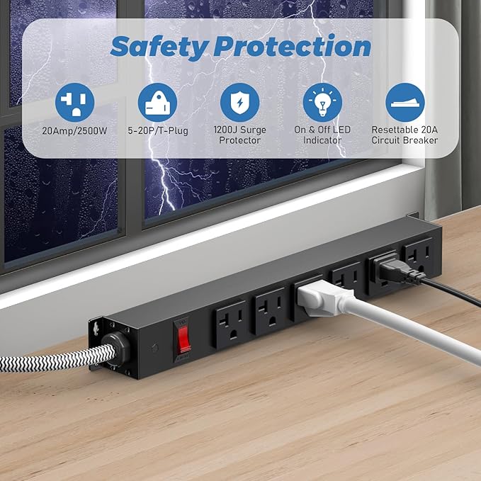 HEZI 20 Amp Power Strip with 5-20P/T- Plug, Heavy Duty High Amp Metal Surge Protector, Mountable Industrial Power Strip with 6AC Outlets(5-20R) and Circuit Breaker, 10FT 12AWG Extension Cord