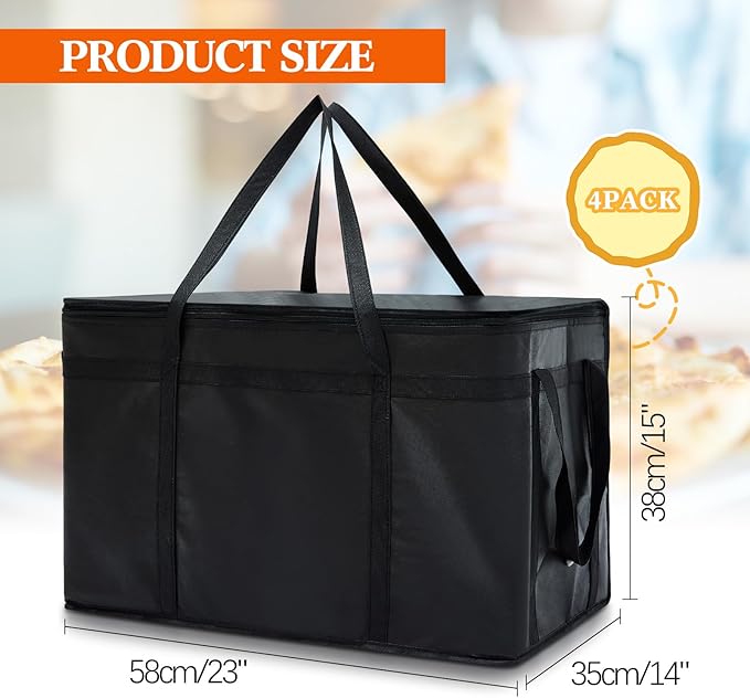 Maxcheck 4 Pcs Insulated Bags for Food Delivery XXXL Large Capacity Hot Grocery Tote Bag Reusable Warming Pizza Catering Carrier for Commercial Travel Lunch Shopping Gifts (Black)