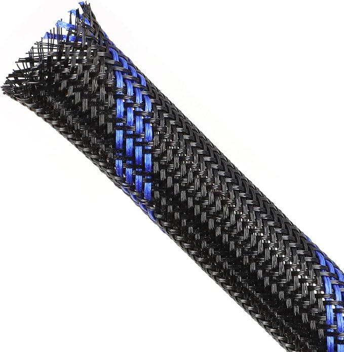 Braided Cable Sleeving, PET Expandable Braided Cable Sleeve, Flexible Mesh Sleeving Cord Management for Audio Video and Other Home Device, Cord Protector from Pets (Black Blue, 1/8" x 25ft)
