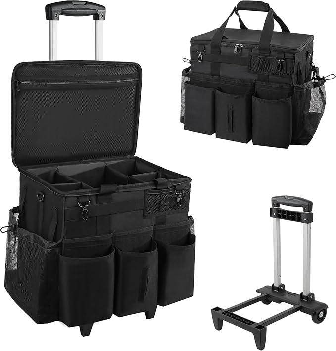 Rolling Cleaning Caddy Bag with Detachable Trolley, Large Cleaning Supplies Organizer with Wheels, Multi Pocket Cleaning Cart with Adjustable Shoulder Strap for Housekeepers & Home Use, Black