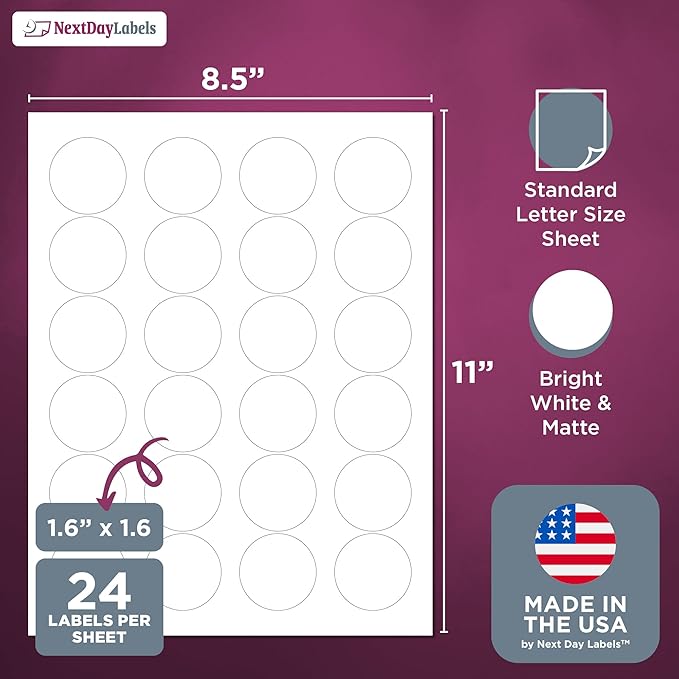 NextDayLabels 1.66 Inch Round Labels - Circle Stickers for Printer - Matte White Blank Laser/Inkjet Labels (1200 Sheets)