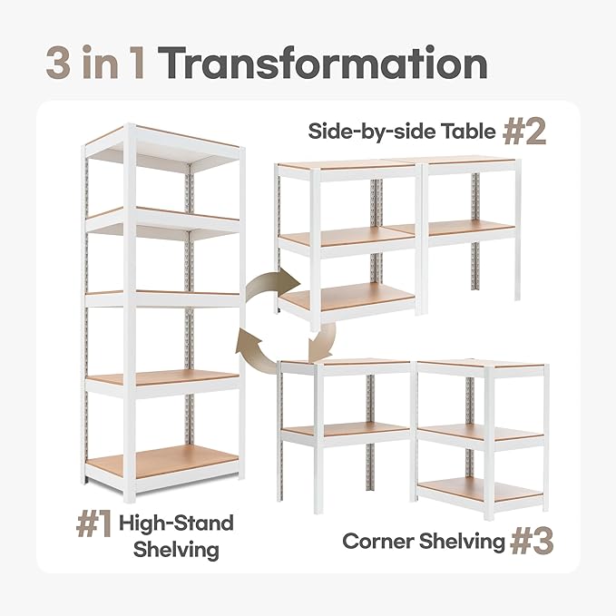 HOMEDANT House 5 Tier Laminated Metal Shelving Unit Adjustable Storage Utility Rack Heavy Duty Shelves Organization Multipurpose Shelf Kitchen Garage Pantry Closet (10, (S) 24.4" W, White)