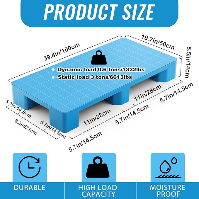 4 Pcs Plastic Pallet for Basement Storage Easy Stack Lightweight Floor Pallet Display Flooring Room Supermarket Christmas, Support up to 2000 Lbs (40'' L X 20'' W X 5.5'' H,Blue)