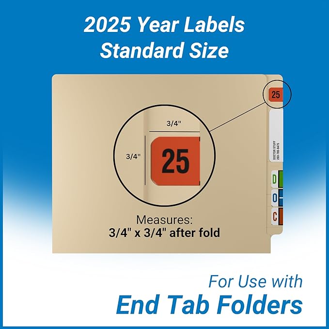 2025 Year Labels, Doctor Stuff 2025 Chart Stickers, Fluorescent Red Color Coded, USA Made Year Stickers for End Tab File Folders, 500 Labels/Roll in a Dispenser Box, 3/4" x 1-1/2"