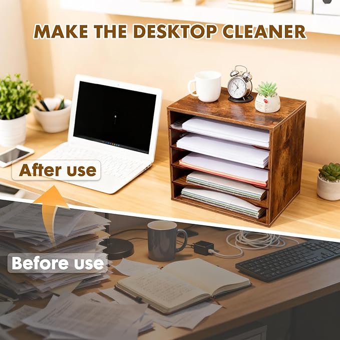 EMERIT Paper Organzier Wood Desktop Organizer Storage Letter Tray File Sorter with Adjustable Shelves for Home Office