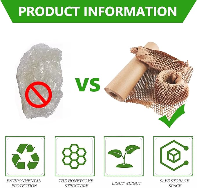 Honeycomb Packing Paper,15" x 200' Bubble Cushioning Wrap Roll for Moving Shipping Packaging Gifts, Recyclable Cushioning Paper Moving Packing Supplies Protective Roll with 20 Fragile Sticker Labels