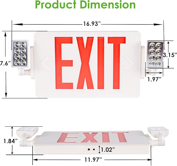 Gruenlich LED Combo Exit Sign, Emergency Light with 2 Adjustable Heads and Double Face, Back Up Batteries- US Standard Red Letter EXIT, UL 924 Qualified, 120-277 Voltage, 1-Pack