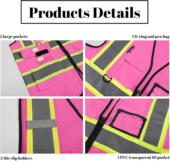 Safety Vest Customize Logo with 5 Pockets & Zipper Reflective High Visibility Vest Class 2 Outdoor Workwear