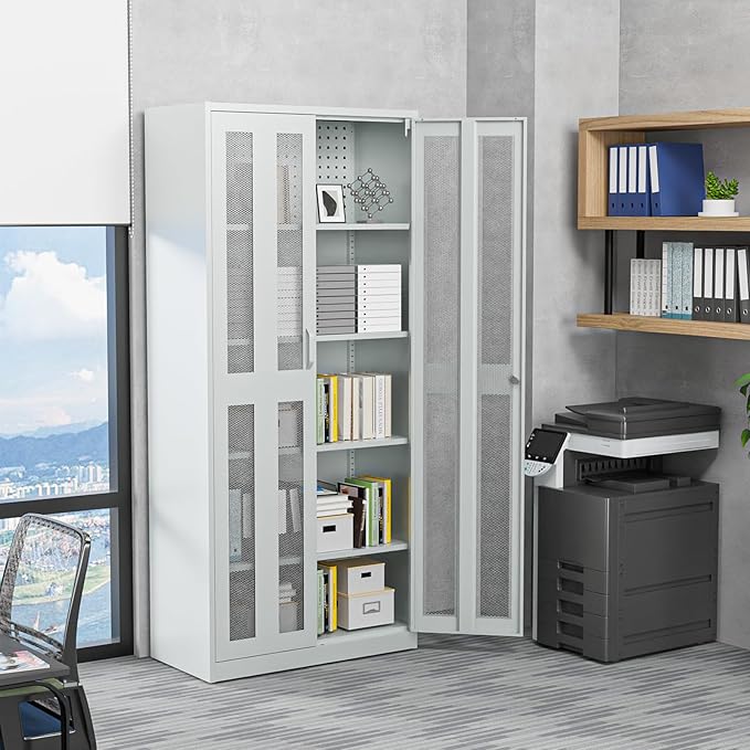 VINGLI Metal Garage Storage Cabinet with 2 Mesh Doors, Locking Steel Display Cabinet with Pegboards and 4 Adjustable Shelves, Ideal for Garage, Office, Pantry, Workshop(Gray, 32''W x 16''D x 71''H)