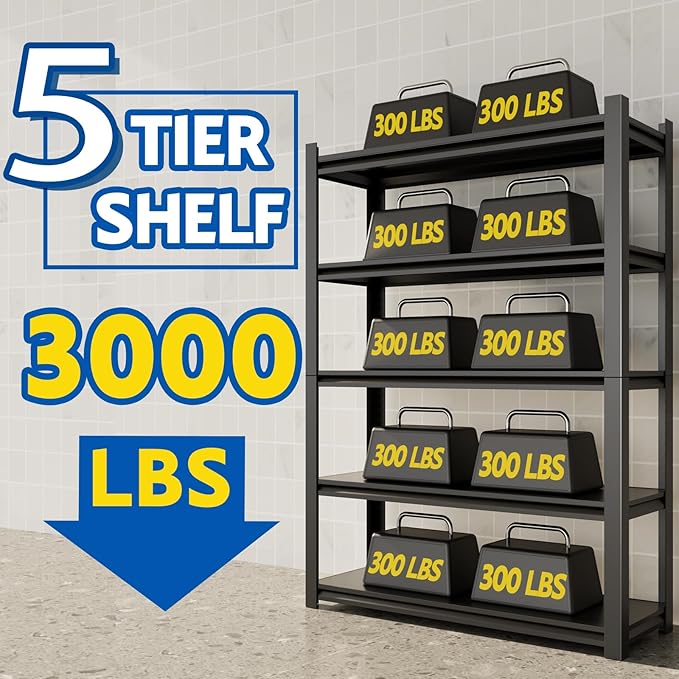 72''H Garage Shelving Heavy Duty,3000LBS Storage Shelves,5-Tier Adjustable Metal Shelve Storage Shelf Rack, Industrial Shelving Unit for Garage,Warehouse,Basement (47" W x 23.6" D x 72" H) 3PC