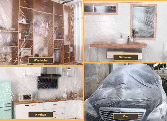 Muf 5 x 65 Feet Plastic Drop Cloth Plastic Sheeting with Masking Tape,Waterproof Protective Masking Film,Prevent Dust Paint for Car,Furniture,Carpet,Floor,1 Pack