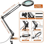 VEEMAGNI 5 Inch Large Magnifying Glass with Light and Stand, 5 Color Modes Stepless Dimmable, 2*16 Inch Swivel Arm LED Clamp Desk Lamp, Hands Free 12X Lighted Magnifier for Close Work Crafts Soldering