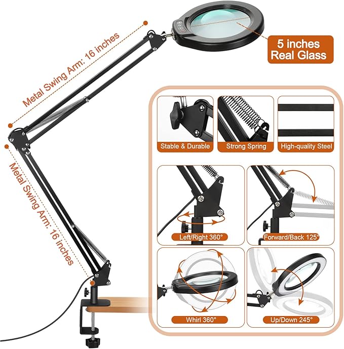 VEEMAGNI 5 Inch Large Magnifying Glass with Light and Stand, 5 Color Modes Stepless Dimmable, 2*16 Inch Swivel Arm LED Clamp Desk Lamp, Hands Free 12X Lighted Magnifier for Close Work Crafts Soldering