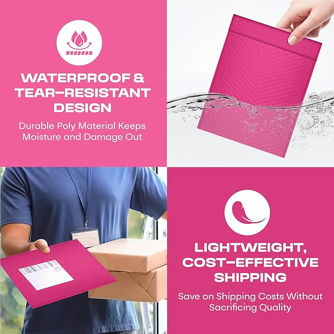 Hot Pink Extra Large Poly Bubble Mailers 14.25x20 inch #7 | Self Seal Large Padded Envelopes | Air Cushioned Bubble Mailer | Usable Size 14.25x19 Lightweight Mailing Shipping Bags| 50 Pack Bulk
