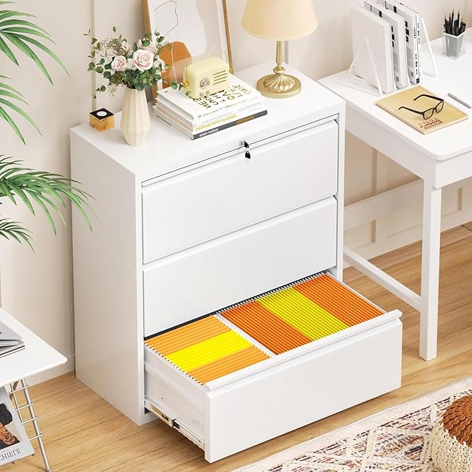 INTERGREAT 3-Drawer White File Cabinet, Locking Metal Lateral Filing Cabinets, 28W Horizontal Storage Cabinet with Adjustable Shelves for Home & Office