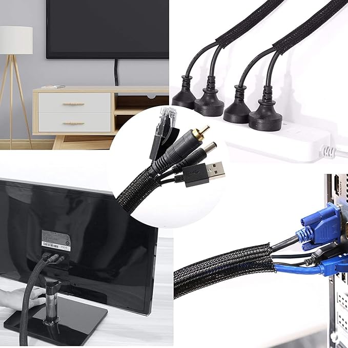 1/2"-10ft*2pcs Black/White Cable Sleeve - Protects Cords from Pets & Organizes Wires - Modern Style - Polyester Material - Flame Retardant - Easy to Use & Cut (Black, 10ft-1/2inch)
