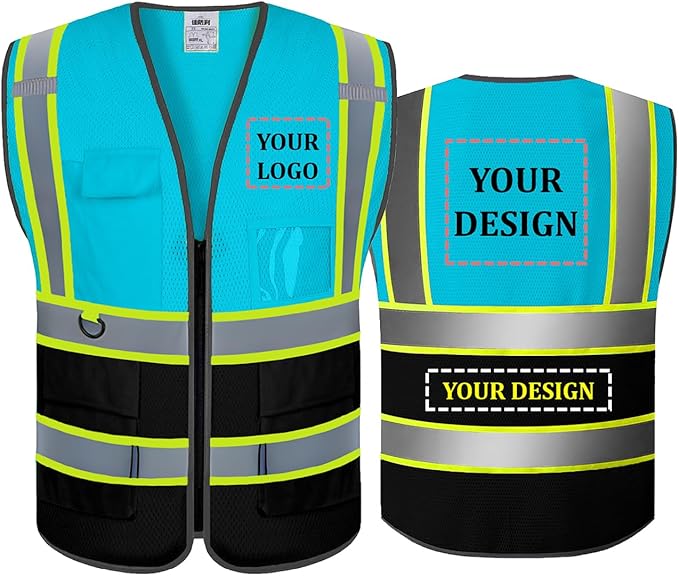 BeautyWill Custom Safety Vest Customized Logo Mesh Vest Class2 High Visibility Reflective Vest with Pockets Workwear（LightBlue Black，M ）