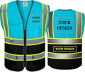 BeautyWill Custom Safety Vest Customized Logo Mesh Vest Class2 High Visibility Reflective Vest with Pockets Workwear（LightBlue Black，S ）