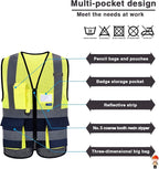 7 Pockets Hi Viz Zipper Front Working Safety Vest with Reflective Strips, Multiple Colors Available, Yellow&Navy, XXL
