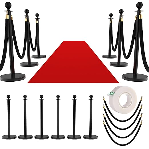 8Pcs Stainless Steel Stanchion Posts with 5ft Red Velvet Ropes - Crowd Control Barriers & Queue Line Kit with 26ft Red Carpet for Wedding, Party, Theater Supplies