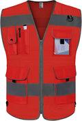 TCCFCCT Red Safety Vest for Men Women 9 Pockets Mesh High Visibility Reflective Vest for Safety, Work Vest with Reflective Strips, Meets ANSI/ISEA Standards, 5X-Large