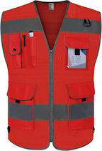 TCCFCCT Mesh Red Safety Vest for Men Women 9 Pockets High Visibility Reflective Vest for Safety, Work Vest with Reflective Strips, Meets ANSI/ISEA Standards, Large