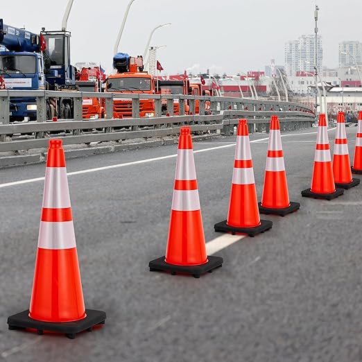 6 Pack 28 Inch Traffic Safety Cones - Parking Cones with Heavy Black Base and Reflective Collars, Orange Safety Cones for Parking Lot, Construction Work, Road Safety Control