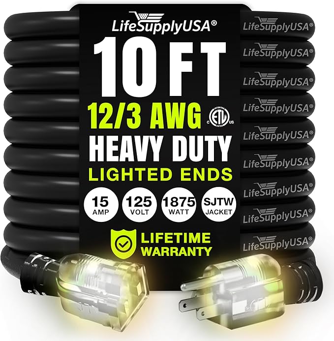10ft Outdoor/Indoor Extension Cord 12/3 Gauge Extra Heavy Duty 3 Prong SJTW, Waterproof, ETL Listed, Flexible Cold-Resistant Long Power Cord,15A 125V 1875W, Black by LifeSupplyUSA