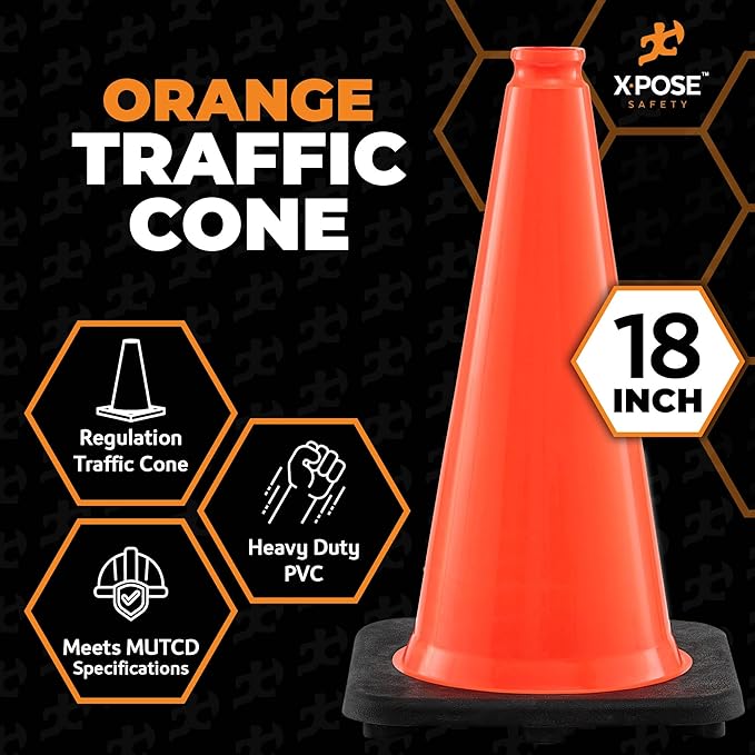 Xpose Safety 18 Inch Orange Traffic Cones, 4-Pack - Multipurpose PVC Plastic Safety Cone for Parking, Soccer, Caution, Kids and Construction - DOT Approved