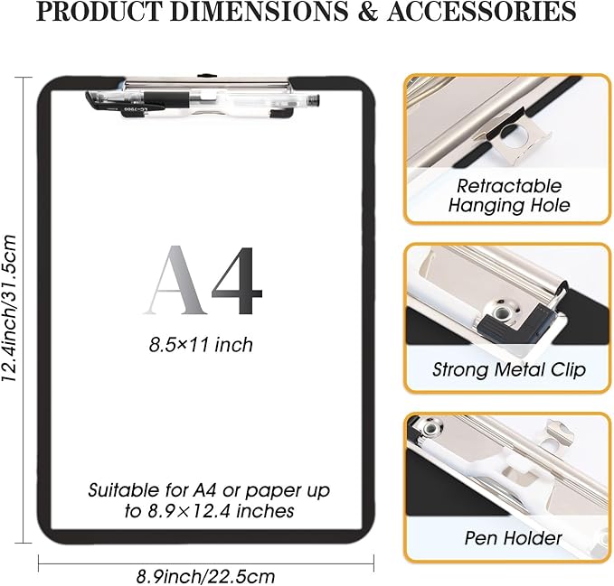 2 PCS Clip Boards 8.5x11,Black Plastic Clipboard with Pen Holder,Standard Letter Size A4,Heavy Duty,Hanging Clipboards for Women Kids Teacher, School Office Home Supplies