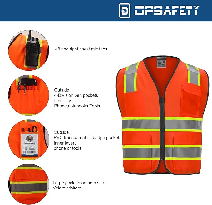 9 Pockets High visibility Class 2 Safety Vest，Hi Vis Vest with 2 inch wide Reflective Strips security vest with Zipper construction work vest for men &women Orange，2XL
