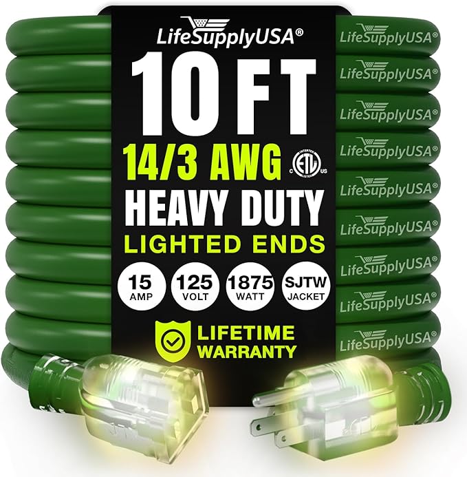 10ft Outdoor/Indoor Extension Cord 14/3 Gauge Heavy Duty 3 Prong SJTW, Waterproof, ETL Listed, Flexible Cold-Resistant Long Power Cord,15A 125V 1875W, Green by LifeSupplyUSA