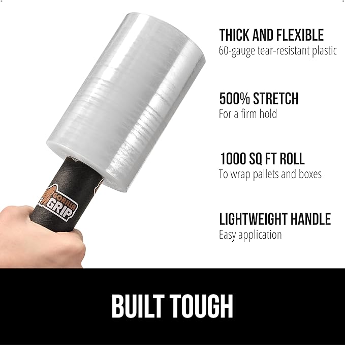 GORILLA GRIP 500% Shrink Wrap Roll with Handle, 5" 1000ft Plastic Wrap Stretch Film, Puncture Resistant Industrial Strength Moving Supplies, Pallet Storing, Packing Furniture Protection, 1 Pack Clear