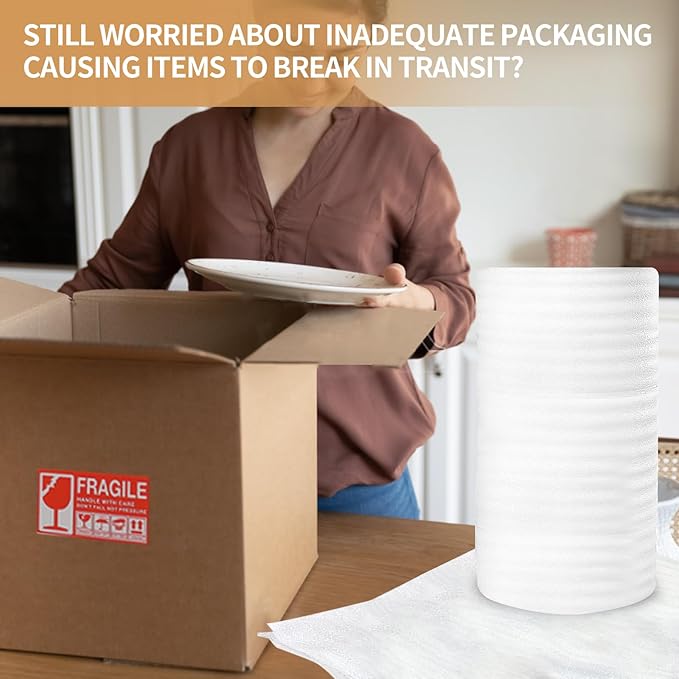 XYH Packing Foam Rolls, 15 "Wide X 80' Length Packing Foam Moving, Shipping, Glasses, China, Dishes, Stuffing of Carton, with 60 Pcs Fragile Stickers.