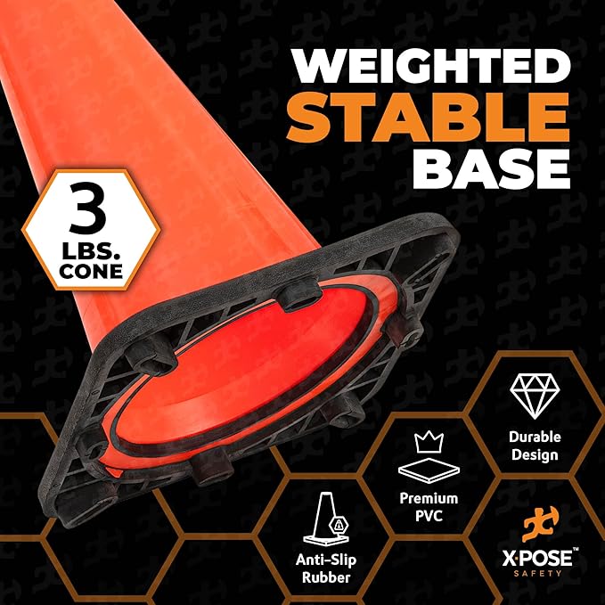 Xpose Safety 18 Inch Orange Traffic Cones, 4-Pack - Multipurpose PVC Plastic Safety Cone for Parking, Soccer, Caution, Kids and Construction - DOT Approved