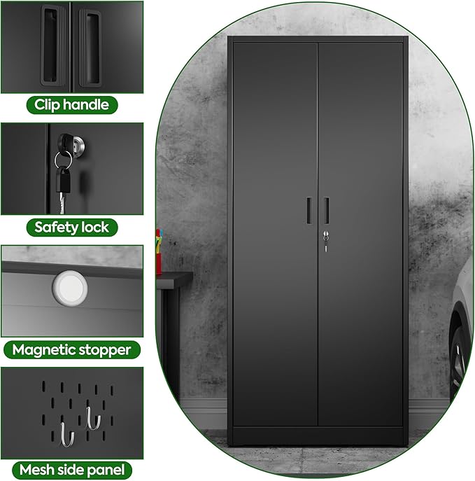 71.37" H Broom Closet Storage Cabinet with Towel Hangles and Adjustable Shelves,Metal Tool Cabinets with Pegboard and Hooks for Garage Laundry Room Home Office,Required Assembly,Black