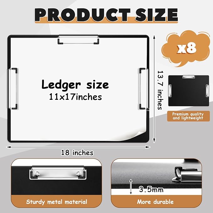 Tenceur 8 Pcs Extra Large 11x17 Clipboard - Horizontal Three Clip Plastic Clipboard for School, Office, Home & Teachers