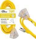 3-Outlets Indoor Outdoor Extension Cord Weatherproof with Lighted End, UL Listed, 12 Gauge 75FT Yellow 3 Prong Heavy Duty, 12/3 SJTW 15A Extension Cord