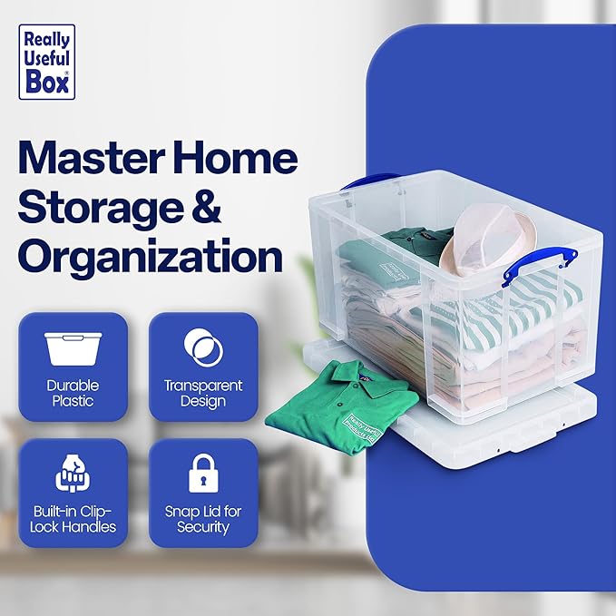 Really Useful Box 84 Liters Storage Container with Snap Lid and Clip Lock Handle for Lidded Home and Item Storage Bins, 4 Pack, Clear