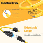 3-Prong 100FT Construction String Lights, IP65 Waterproof ETL Certified String Work Lights, 5000K Daylight 18AWG Wire Linkable Temporary Construction Lighting for Jobsite with 10 Bulbs & Hooks