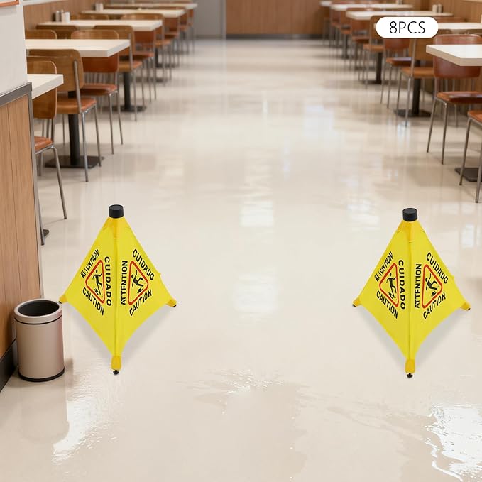 8 Pack Umbrella Wet Floor Signs with Storage Tubes, 20" Collapsible Caution Signs for Commercial Use, Safety Cones for Restaurant, Hotel, Mall (Yellow)