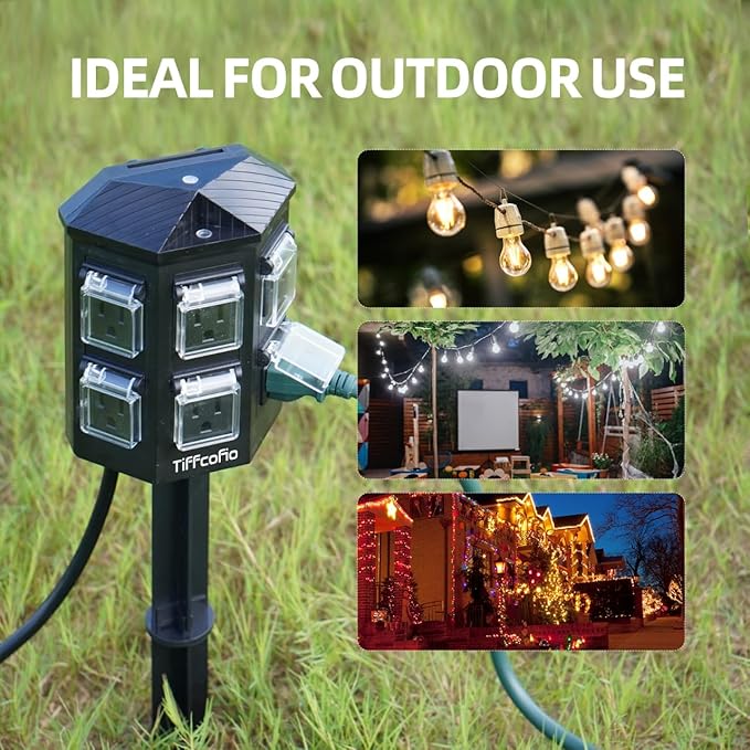 TiFFCOFiO Outdoor Power Strip with Stake Waterproof, 10 FT Extension Cord, 6 Grounded Outlets for Outdoor Lights, 14 AWG, 15A/1875W, ETL Listed (40 FT)