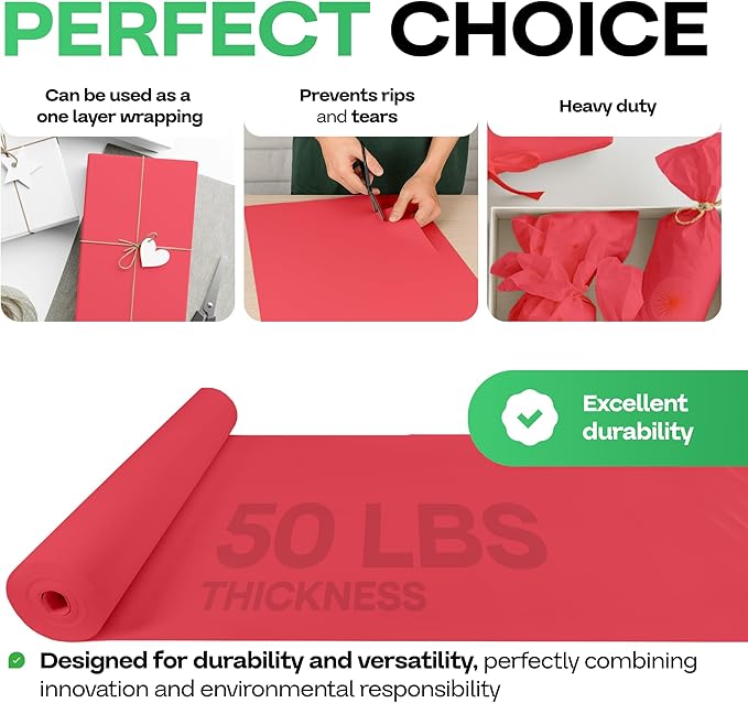 Christmas Red Kraft Paper Roll 18" x 1200" (100 feet) with Cutter - USA-Made Gift Wrapping Paper for Packing, Moving, Shipping & Crafts/Arts - 100% Recyclable Natural Craft Material by IDL Packaging