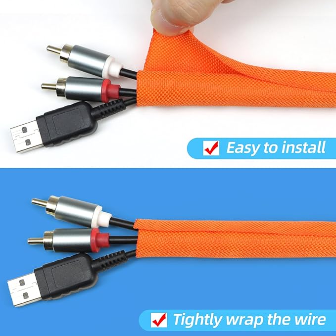 Automotive Wire Loom Tubing, Split Braided Cord Protectors from Pets No Chew, Flexible Cable Sleeve Cable Management for TV/Computer/Electric Wires (Orange, 1/2"-10ft)
