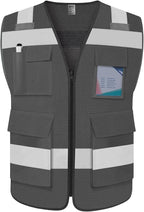 TCCFCCT Mesh Hi Vis Vest 5 Pockets High Visibility Reflective Safety Vest for Men Women, Neon Construction Vest with Horizontal Strip for Walkie-talkie and ID Card, Meets ANSI/ISEA Standards, Grey, 3XL