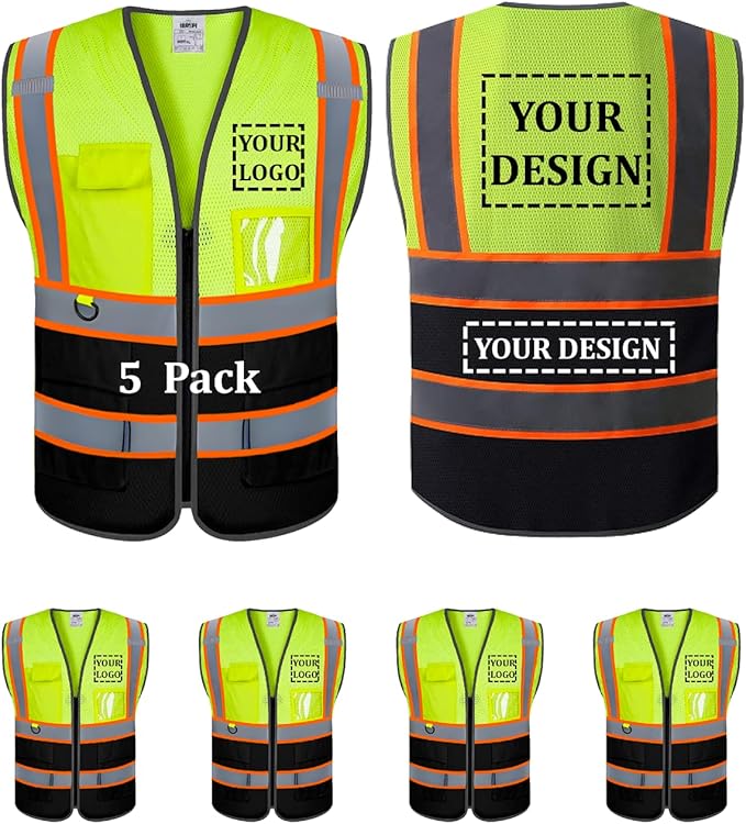 Custom Mesh Safety Vest 5 Pack Customized Logo Class 2 High Visibility Reflective Vest with Pockets Construction workwear （Yellow Black，M ）
